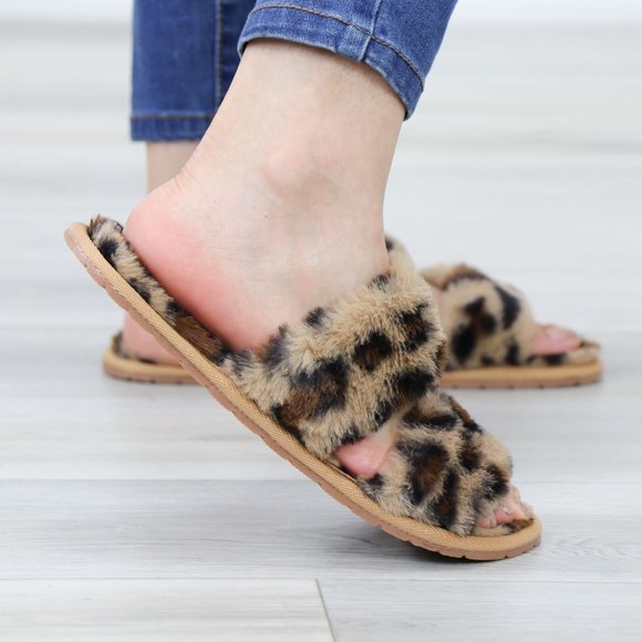 Leopard Tan Puff Fuzzy Fluffy Slip On Plush Slippers Double Strap - Picture 7 of 16